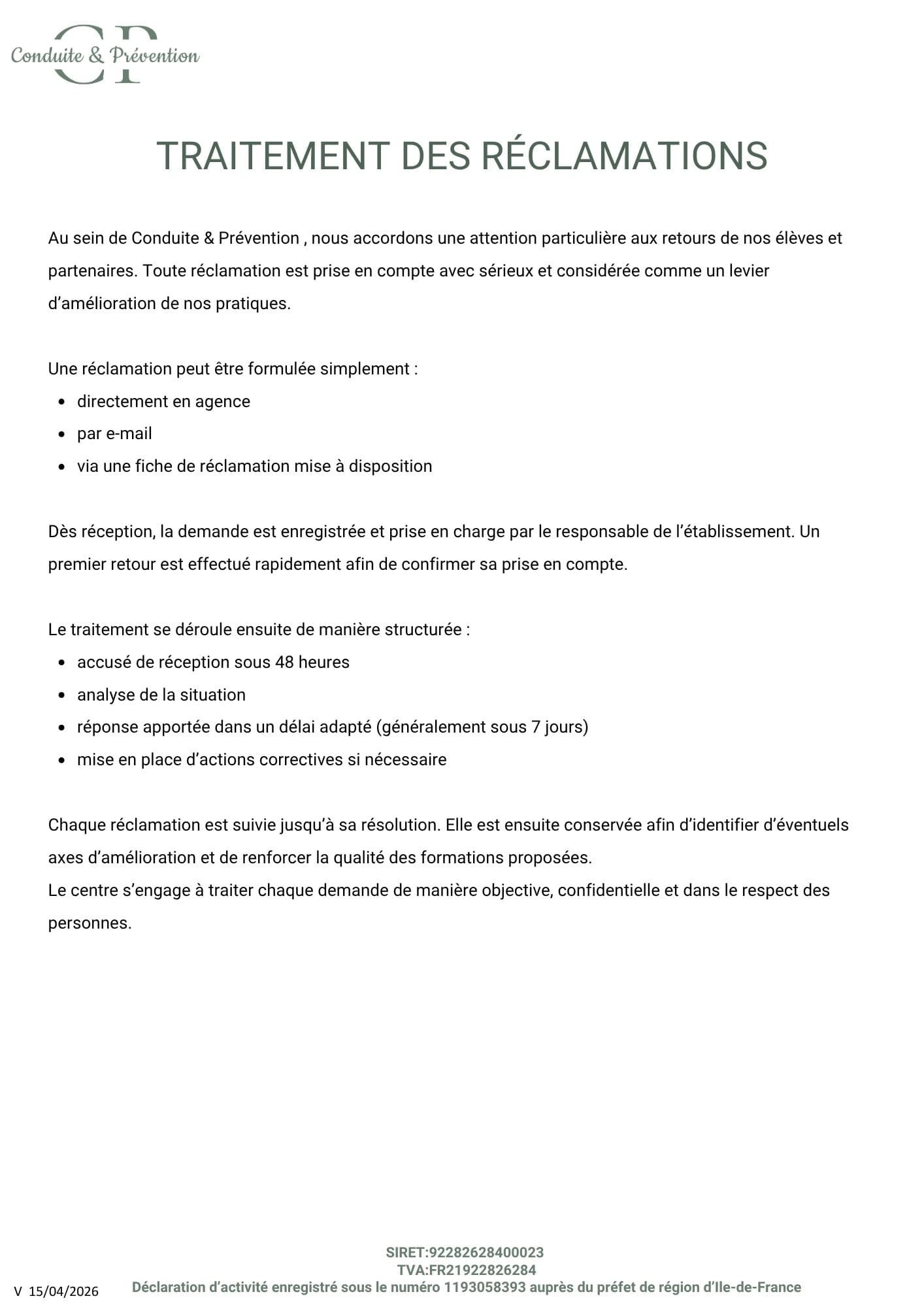 7.4 traitement des réclamations