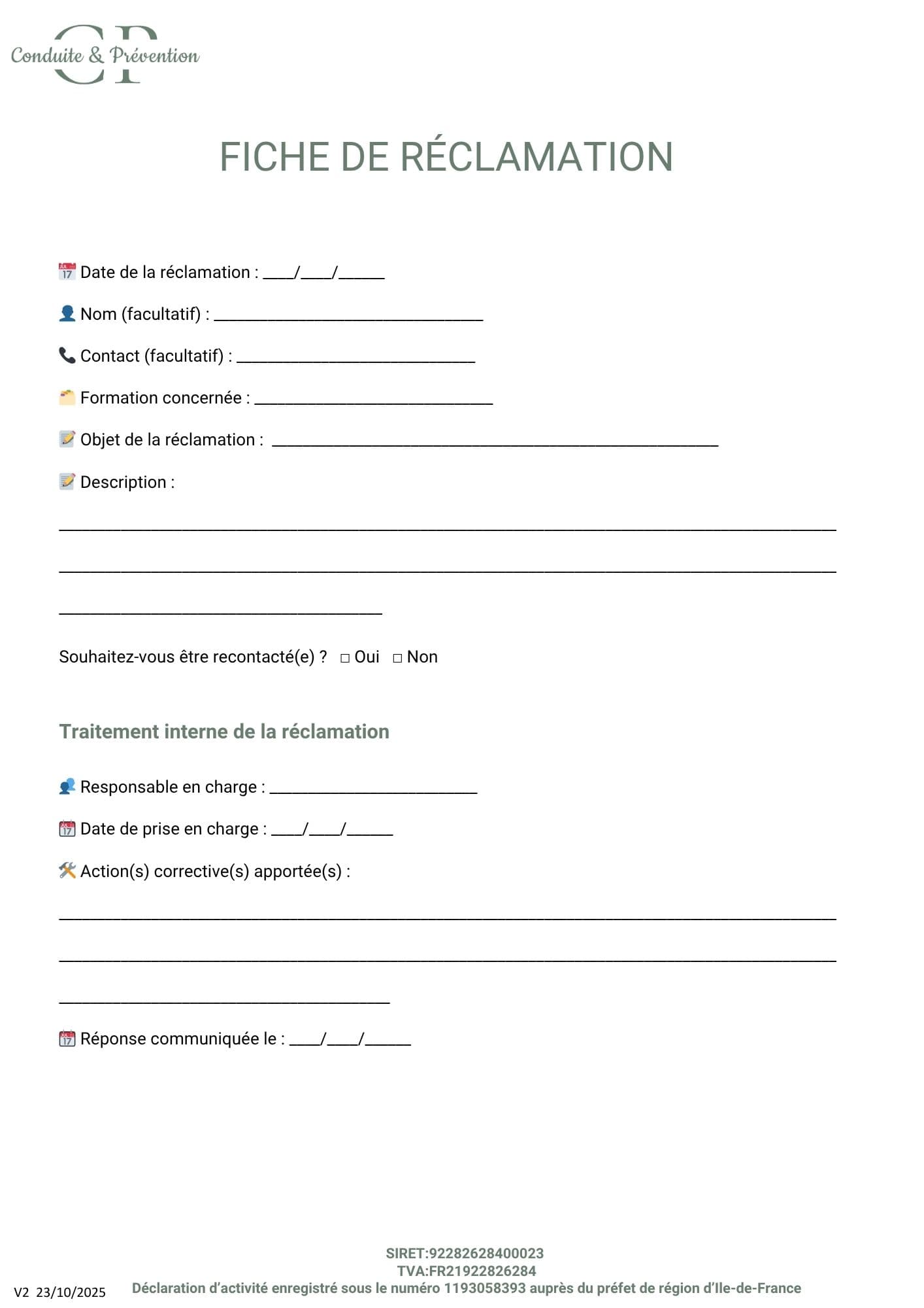 7.4 fiche des réclamations